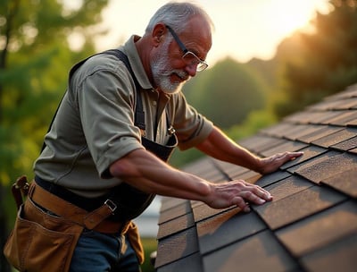 Roofing contractor installing asphalt shingles on a residential home in New Jersey during a sunny da