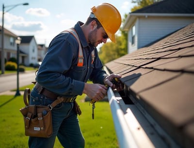 Technician repairing roof shingles after storm damage on a two-story suburban house