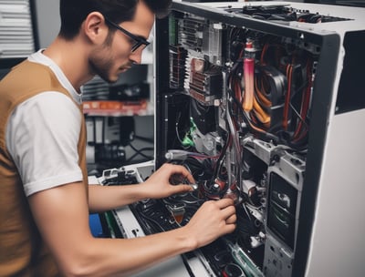 A sign for 'Shallom Komputer' is displayed prominently on the facade of a building, surrounded by lush green trees. The sign offers information about services related to hardware, software, networking, and accessories. The building features several rectangular windows and air conditioning units.