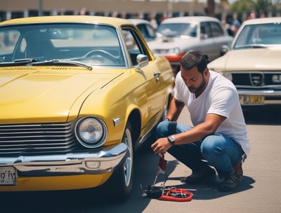 A person is using an air pump to inflate the rear left tire of a car. The vehicle appears to be worn and has visible dirt and scratches on its body. The scene is set outdoors on a dirt surface.