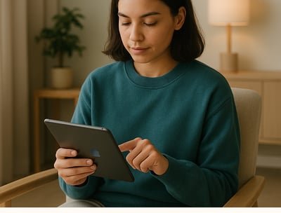 a woman sitting on a couch with a tablet computer