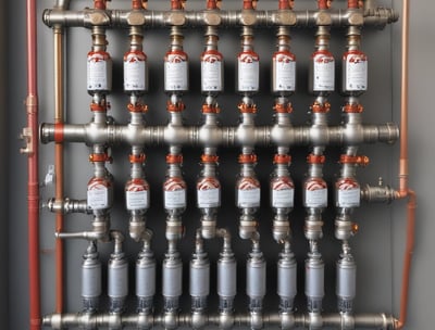 An intricate network of blue pipes and valves is mounted against a tiled wall. Numerous pressure gauges are attached at intervals, providing a detailed and complex arrangement. Each pipe is carefully connected, and there are various fittings and connections visible.