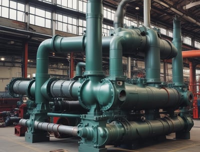 A complex system of pipes and valves with several pressure gauges and a red pump. The setup includes white pipes with red and blue markers, metallic connectors, and a panel with temperature indicators.