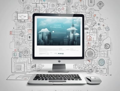 A cloud-shaped object with server racks is connected via cables to a computer monitor. The setup is surrounded by several black squares on a blue background, evoking concepts of cloud computing and data networks.