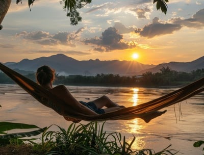 a person sitting in a hammock with a view of the sun setting