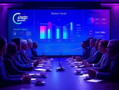 a conference room with a large screen displaying a presentation