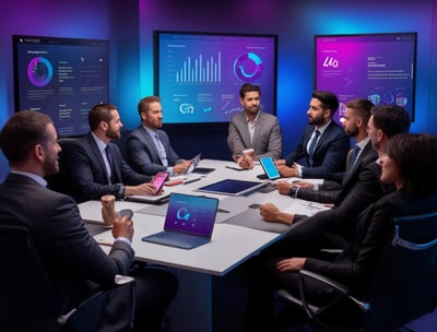 a group of people sitting around a table with laptops