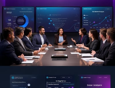 a conference room with a large screen displaying a presentation