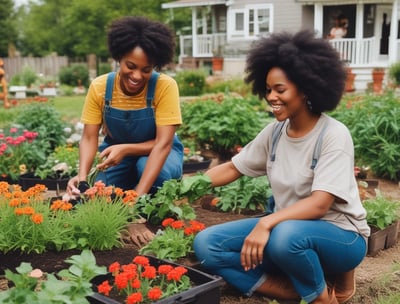 A group of people is working in a park-like setting, engaged in gardening activities. The scene features well-maintained hedges and trees, with some workers dressed in blue uniforms. In the background, there are several buildings with classic architecture under a partly cloudy sky.