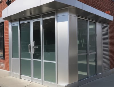 A vertical stack of translucent blue-green glass panes is set within a dark brown wooden frame. The glass has a slightly wavy texture, creating an interesting visual pattern, while the wood provides a contrasting background, highlighting the glass feature.