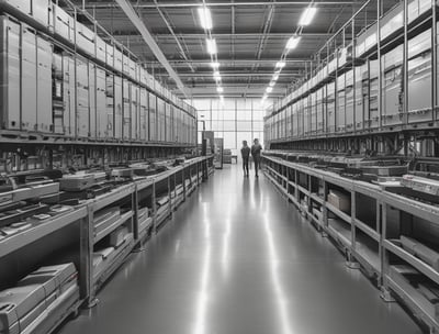 A large industrial building with a white corrugated metal exterior. There is a sign on the facade that reads 'TANISHO POLYMERS' along with an address. The surrounding area includes a fence, some greenery, and a motorcycle parked nearby.