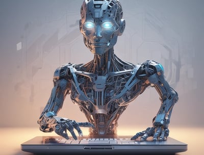 Large blue letters 'AI' stand prominently on a surface covered with a pattern of hexagonal shapes. Dark swirling lines intersect around the letters, creating a sense of motion and complexity. The background has a metallic sheen with a futuristic, digital style.