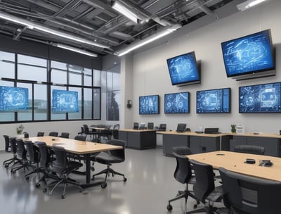 A conference room with a long wooden table surrounded by chairs covered in protective plastic. Multiple computer monitors are placed on tables against the walls, each displaying nature-themed images. The walls are lined with wood paneling, and a sign indicating a center for artificial intelligence is displayed at the front. There are decorative flower arrangements on the table, and the overall setup suggests a professional environment.