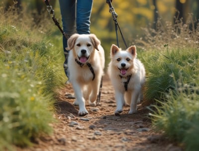 Two small fluffy Dogs strolling through the Woods on a leash