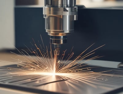 A high-tech laser cutter or CNC machine is in operation, focusing a beam onto a reflective surface. The machine is surrounded by a backdrop of blurred industrial elements, with visible purple and blue lighting highlighting the setup.