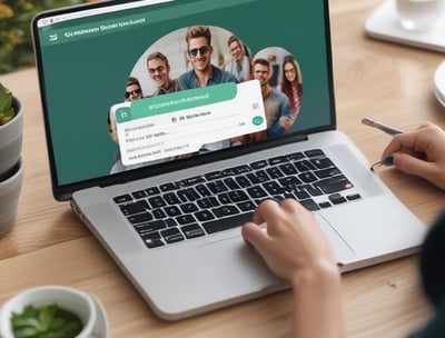 A person stands beside a conference or event registration table. The table is filled with water bottles, name tags with colored clips, pens, and papers. Behind the person, a large screen displays digital content. The room is dimly lit with some ceiling lights.