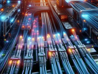 Cables de fibra óptica transmitiendo datos de un equipo a otrp