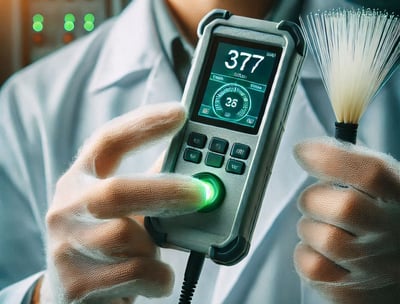 persona mostrando un equipo de pruebas de fibra óptica