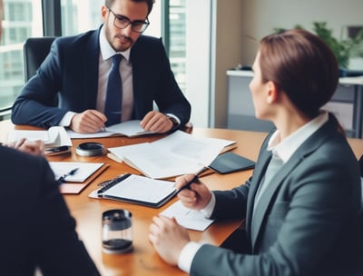 A professional consultation setting with a medical professional sitting at a desk facing a client. The room has a modern aesthetic with white walls decorated with framed certificates. The desk is organized with office supplies, a laptop, and a fruit bowl in the center.