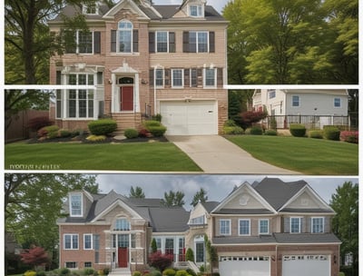 A suburban house with a brick facade and double garage doors. The roof is dark, and there are several bare trees and green bushes surrounding the property. A for sale sign is visible on the front lawn.