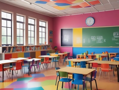 A bright and colorful children's play area with circular seating in pastel shades of pink, green, and blue. The room is filled with various play equipment and toys, including a playhouse and books. The ceiling is decorated with green and blue hanging flags, and the flooring is wooden. Large windows at the far end allow natural light to flood the room.