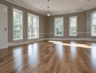 A person wearing gloves is installing wooden flooring. The focus is on the zigzag pattern of the wood pieces being laid down onto a layer of adhesive.