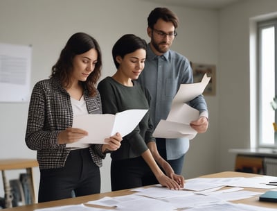 two people standing around a table with papers and papers