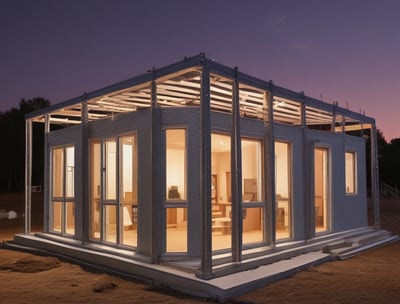 A large, bright room under construction with several large windows and glass doors revealing an outdoor scene with trees and patio furniture. Inside, there are tools, saws, and wooden planks scattered across two workbenches. The walls are freshly painted white, and recessed ceiling lights are illuminated, adding to the spacious and airy feel.