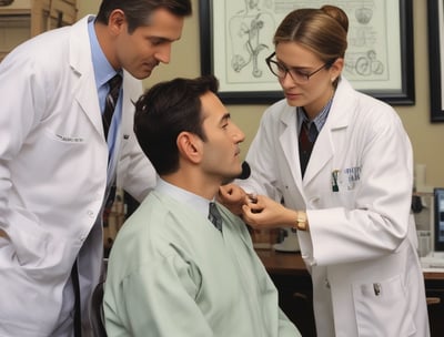 Surgeons in scrubs and masks are intensely focused on performing a surgical procedure in an operating room, surrounded by medical equipment and bright overhead lighting.