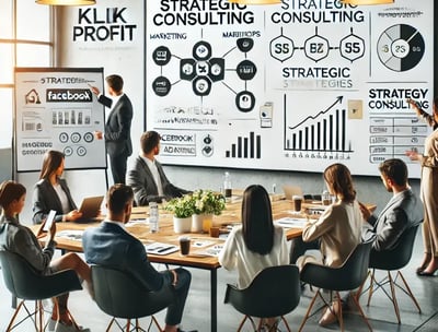 Marketingcsapat stratégiai megbeszélésen prezentációval a KlikProfit irodájában