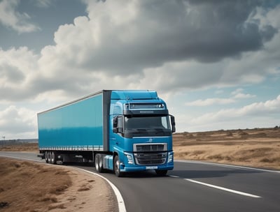 Several large shipping containers are being transported by trucks in a port area. The containers are primarily red and are being moved by vehicles that include a white Isuzu truck. The scene takes place in a spacious, open area with a clear sky.