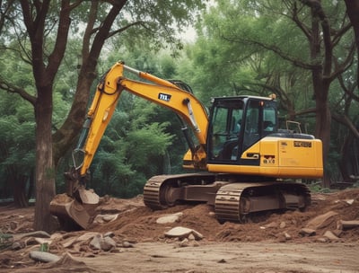 An excavator is actively engaged in digging a large section of earth in a rural setting. The machine, with its large mechanical arm and scoop, is positioned over uneven terrain with loose soil and rocks scattered around. In the background, there is a partially visible rural structure and surrounding greenery, indicating a construction or land preparation site.