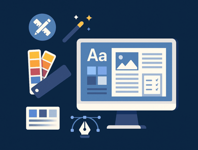 Branding and UI/UX design services including logos, visual identity, and user interface design