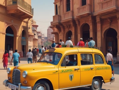 Three whimsical, yellow three-wheeled vehicles with vibrant cab-style designs and open sides are parked on the street. These vehicles have checkerboard patterns and green accents. A person in casual attire stands nearby, while another individual is seated inside one of the vehicles. A red and blue bus is visible in the background along with trees.