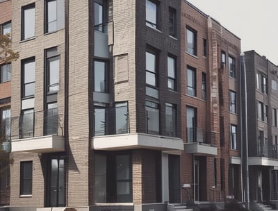 Tall residential building showcasing multiple balconies across several floors. Each balcony is outfitted with air conditioning units, railings, and an array of plants and outdoor furniture. Signs with contact information suggest apartments available for sale. The structure is composed of brick and concrete, exhibiting a functional architectural design.