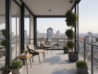 A modern apartment building with dark brick exterior and sharp angular roofs. Several balconies are visible, some with potted plants featuring red flowers. The sky is clear with a light blue tone.