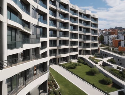A residential apartment building with a weathered facade, featuring multiple windows and balconies. Several vehicles, including a silver car and a gray van, are parked in front of the building on an empty street. Leafless trees frame the scene, contributing to an overall urban and slightly neglected appearance.