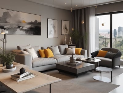 Two adjacent modern apartment buildings with yellow and gray accents. In the middle, a construction site is visible with workers and equipment, including a scissor lift and crane. In the background, a city skyline with various skyscrapers can be seen against a clear blue sky.