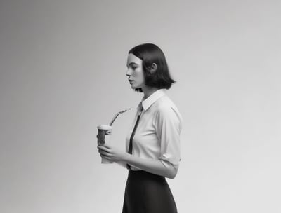 A large outdoor billboard displays an advertisement for Bombay Sapphire gin. The ad features an artistic image of a blue-painted hand holding a bottle of Bombay Sapphire, with blue paint dripping down. Above the image, the text 'Stir Creativity' is written in a stylish, cursive font. Below the image, there is smaller text in Portuguese that advises people to drink responsibly. The background of the billboard is predominantly white with some blue. In the foreground, there are several motorbikes parked on a patterned pavement, and some pigeons can be seen.