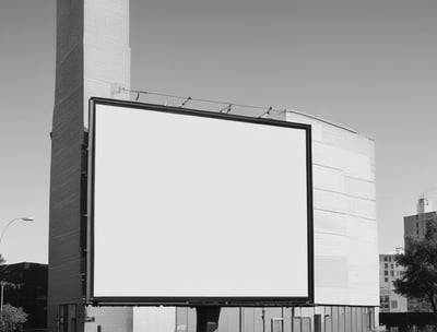 A yellow sign with bold black text in German promoting an agency located on a street. The background shows part of an urban setting with tables and chairs on a sidewalk.