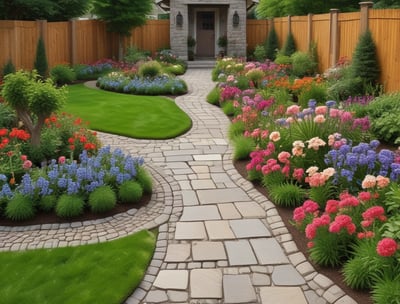 A lush, green garden landscape featuring a variety of well-manicured bushes and trees on a sunny day. There are small, winding paths and a view of a charming house with a green roof in the background, set against a blue sky.