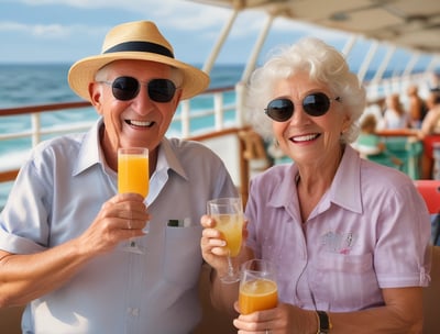An elderly couple stands together, the woman seated in a wheelchair holding a blue folder with a gold logo. The man stands beside her, wearing a dark blue shirt with a patterned design. A decorative wall with a branching pattern and birds is in the background.