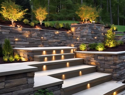 beautiful retaining wall with flower beds and lights
