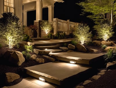 front yard at night with landscape lightning