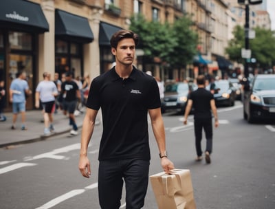 a man walking down the street with a parcel box