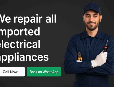 Technician with tools beside text about imported appliance repair.