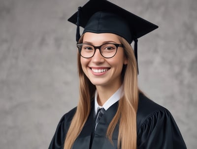 A close-up of a graduation gown with a gold stole that has an emblem at the center. Two colored cords, one blue and one gold, are draped over the gown. The gown also features a patch on the right side.