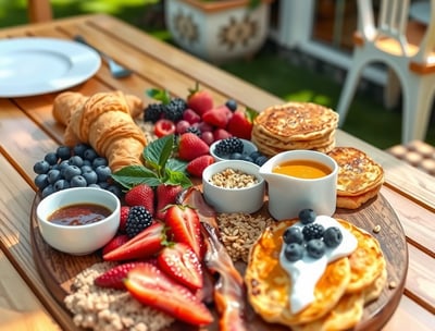 a wooden table with a plate of food and a bowl of fruit
