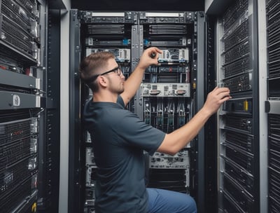 A digital rendering depicting a tall, metallic server rack positioned centrally on a platform. The server appears to have multiple blue-lit slots. Surrounding the rack, there are several stacks of cylindrical objects resembling databases or storage units, all set against a dark background.