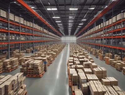 A large number of stacked shipping containers with various logos and labels, arranged in a grid pattern. The containers are primarily in shades of white, gray, and dark colors. The image gives a sense of industrial organization and mass logistics.